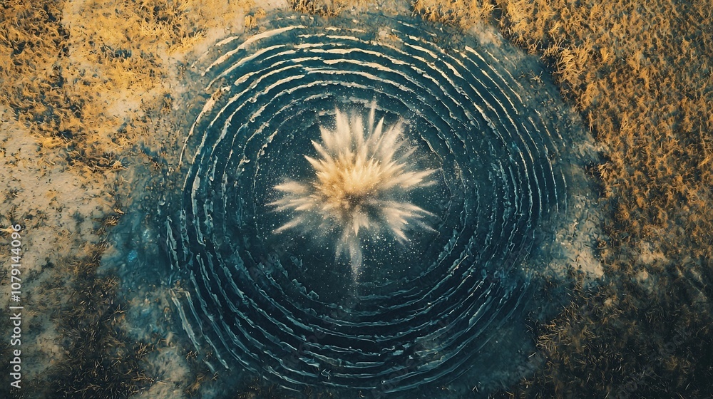 Aerial View of Bomb Explosion Radiating Outward Circular Ripple Pattern ...