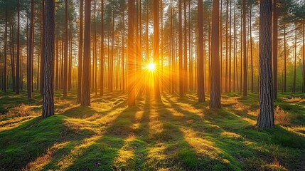 Wall Mural - forest with a sun shining through the trees. the sun is casting a shadow on the ground