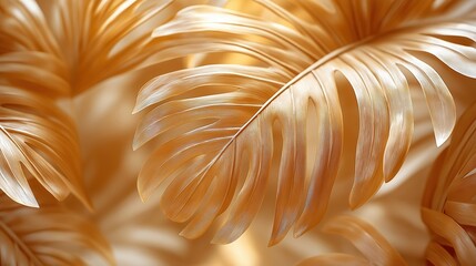 Wall Mural - Close up of a feathery leaf with a gold hue. Concept of luxury and elegance, as the golden leaf appears to be a symbol of wealth and prosperity