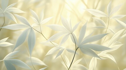 Wall Mural - close up of a bunch of white leaves with a yellow background. the leaves are very thin and delicate,
