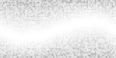 wavy binary code halftone gradient bg. ones and zeros in oval gradation black and white texture. dig