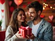 © Jeannette - A cheerful couple shares a heartfelt moment as the man gives a red gift box to his smiling partner in a warmly lit room decorated with heart motifs