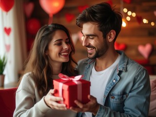 A cheerful couple shares a heartfelt moment as the man gives a red gift box to his smiling partner in a warmly lit room decorated with heart motifs