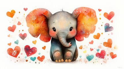 Wall Mural -   Elephant watercolor painting with hearts on its back and tusks on its trunk