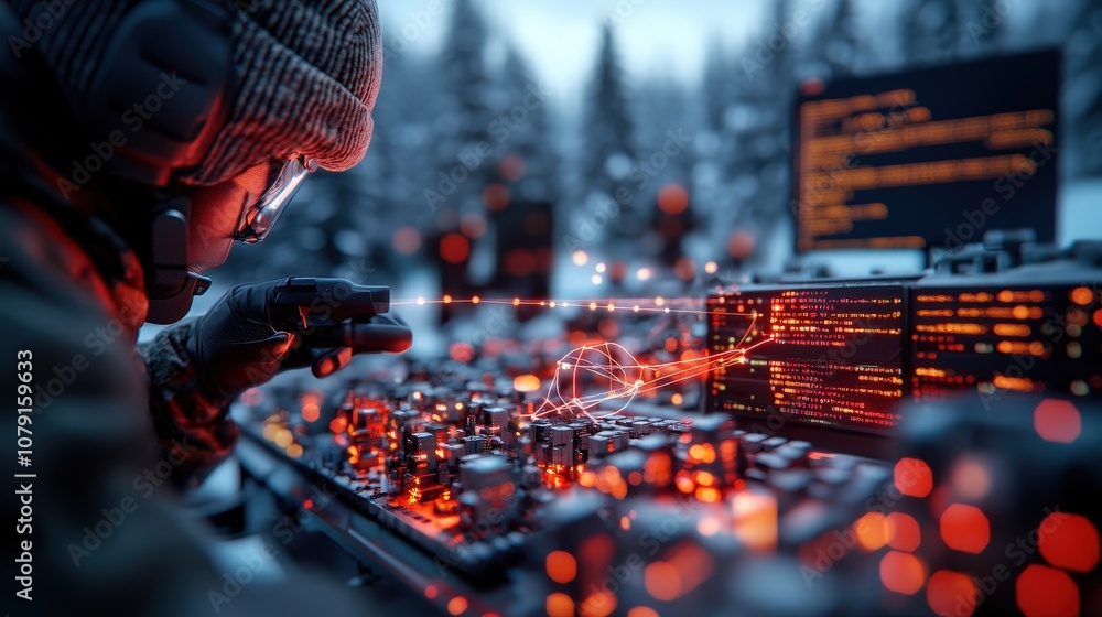 An image of a hacker intensely engaged with multiple screens and ...