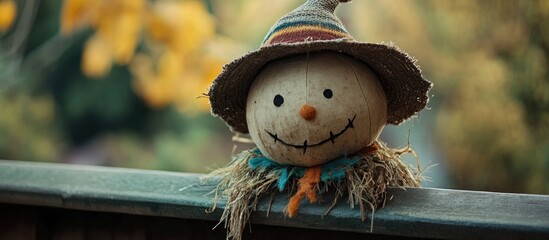 Close up of a scarecrow head perched on a bridge railing highlighting creativity and festivity at the local Scarecrow Festival