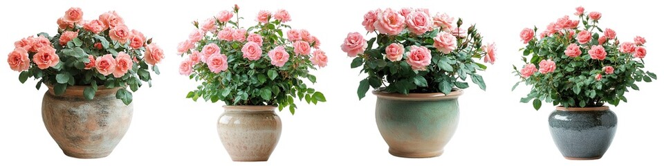 Wall Mural - Beautiful Rose Bush with Soft Peach Blooms in a Rustic Ceramic Pot Isolated