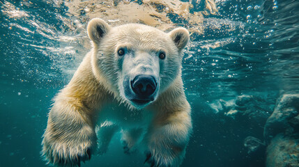 close up photo of a polar bear is swimming under the water with bubbles of air in the background of 