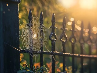 Glistening Spider Web on Garden Fence Capturing the Beauty of Nature s Persistence
