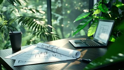Wall Mural - an architect's desk, with blueprints laid out and surrounded by green foliage, symbolizes the balanc