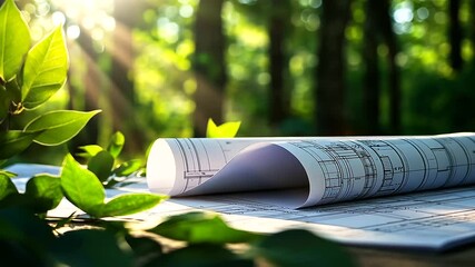 Wall Mural - detailed blueprints lie among lush greenery, with rays of sunlight streaming through the leaves, rep