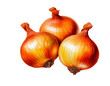 © AI MAGIC  - Illustration of three yellow onions on a white background two whole onions and one with green shoots emerging