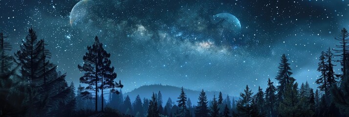 Wall Mural - night forest illustration with milky way, moon, and stars in galaxy sky