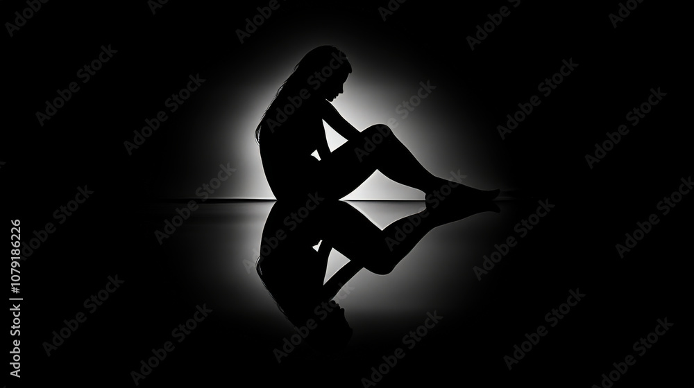 A dark silhouette of a woman seated alone in a stark, black-and-white ...