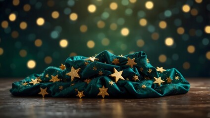 Wall Mural - A pile of teal fabric, covered in gold stars, sits on a dark surface. Blurred lights are behind it.

