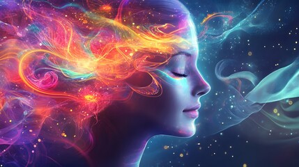Aufkleber - Ethereal Portrait of a Serene Woman with Colorful Swirls Reflecting Imagination, Dreams, and Inner Peace, Set Against a Mystical Abstract Background