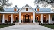 © Pricha.RT - Elegant modern farmhouse with charming porch and warm glowing lights, inviting entryway surrounded by lush landscaping and serene outdoor atmosphere at twilight