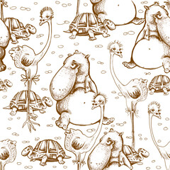 seamless pattern with zoo animals hippopotamus, ostrich, turtle