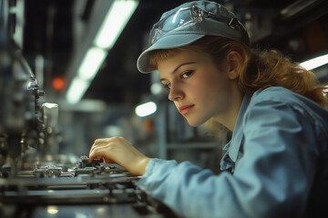 Poster - Dedicated female worker meticulously inspecting production parts in a factory