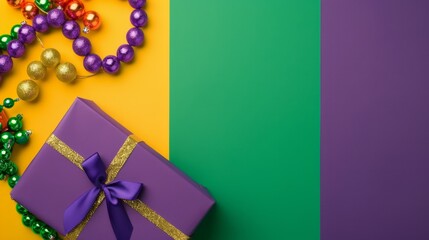 Mardi Gras festival background. A purple box with a gold ribbon sits on a yellow and green background. The box is decorated with purple and gold ribbons and is surrounded by a purple and gold garland