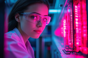 Poster - Engineer focused on circuit board assembly in a vibrant neon-lit workspace