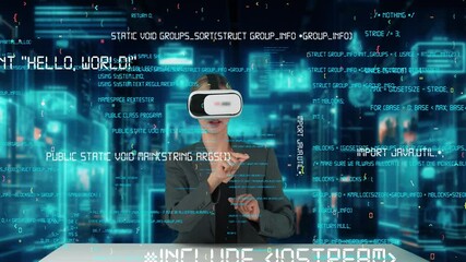 IT developer analyzing intelligent website development coder system running data by VR glasses screen innovation interface digital infographic network technology visual hologram server. Contraption.