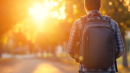 Wall Mural - Male college student wearing backpack walking down street at sunset after finishing classes at the university