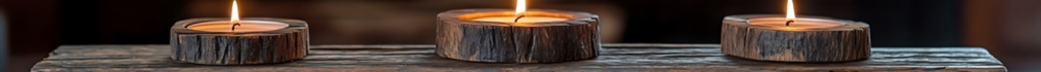 Canvas Print - Three burning candles in rustic wooden candle holders on a weathered wooden surface.