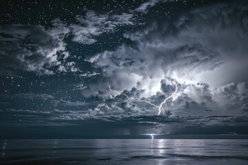 Wall Mural - starry night with thunderstorm. night thunderstorm with lightning above the sea