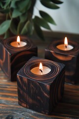 Canvas Print - Three burning candles in wooden holders with an out of focus leafy plant.