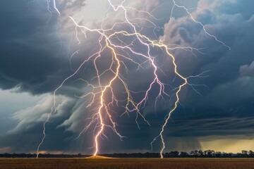 Wall Mural - a powerful lightning bolt strikes the ground in an open field below ominous clouds.