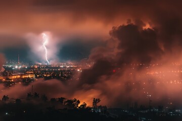 Wall Mural - night sky with thunderstorm lightning cityscape smoke fog.