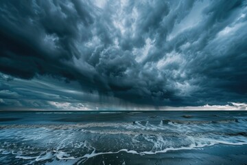 Wall Mural - dramatic stormy dark cloudy sky over sea natural photo background