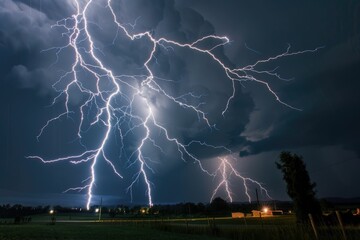 Wall Mural - multiple lightning strikes in rural setting at night.