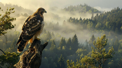 a hawk sits on a tree branch overlooking a mountain valley