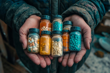 A person holding a handful of pills in their hands