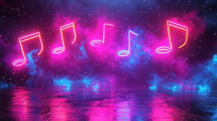 Poster - Neon musical notes glow brightly, casting reflections on a shiny floor amidst a colorful, mist-filled space