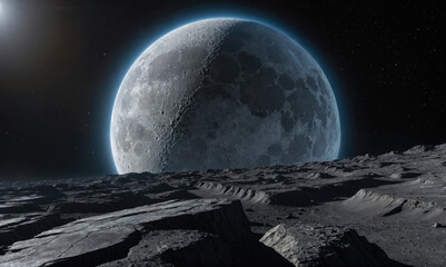 Wall Mural - a large, gibbous moon hangs in the night sky over a barren lunar landscape