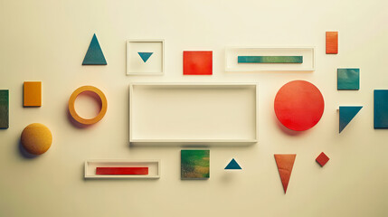 Poster - A collection of vibrant geometric shapes in various sizes and colors is displayed on a light-colored wall, creating an artistic atmosphere that inspires creativity