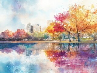 Wall Mural - Vibrant watercolor depicting urban landscape with colorful trees and reflections, blending city and nature in mesmerizing harmony.