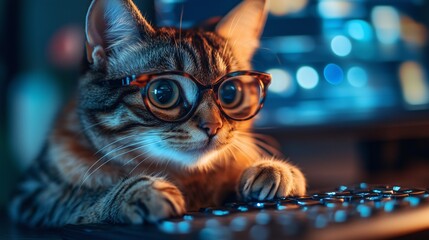 Cute Programmer Cat with Glasses Sitting in Front of a Computer