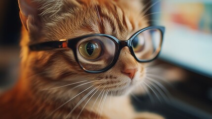Cute Programmer Cat with Glasses Sitting in Front of a Computer