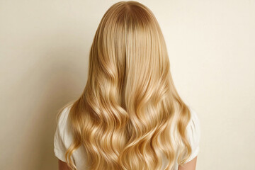 blonde beautiful hair of a young girl on a light background, back view of hair	
