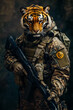© Nikname - Portrait of a Ukrainian soldier with the head of a realistic tiger, featuring strong, rugged features and bold stripes, exuding power and resilience.