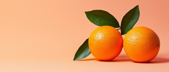 Two oranges with leaves on a pink background