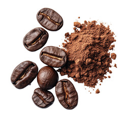 Wall Mural - Freshly roasted coffee beans and ground powder on a transparent background perfect for coffee enthusiasts, fresh coffee beans and powder isolated on transparent background