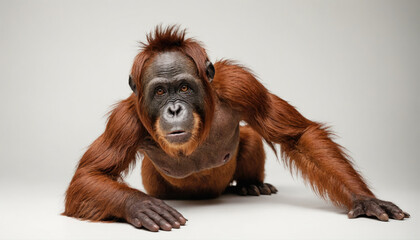 Wall Mural - an orangutan with long, red hair lays on its belly in a studio setting