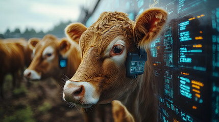 A cow equipped with an advanced digital ear tag stands in front of a rustic farm backdrop, illustrating the integration of technology in agriculture and livestock management. The innovative tagging de