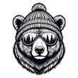 © Joanna Redesiuk - a bear wearing a cozy beanie and stylish sunglasses with a reflection of trees.