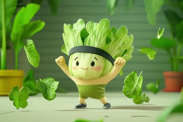 A funny lettuce character doing crunches, with leaves flopping around, wearing a sweatband and trying to stay focused.